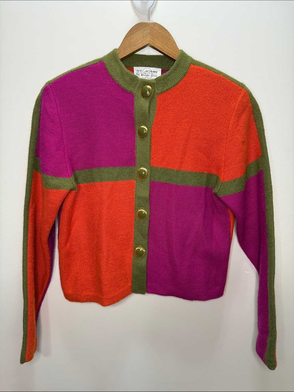Vintage 80s St. John Colorblock Button-Front Cardigan Size 4 20x19.5